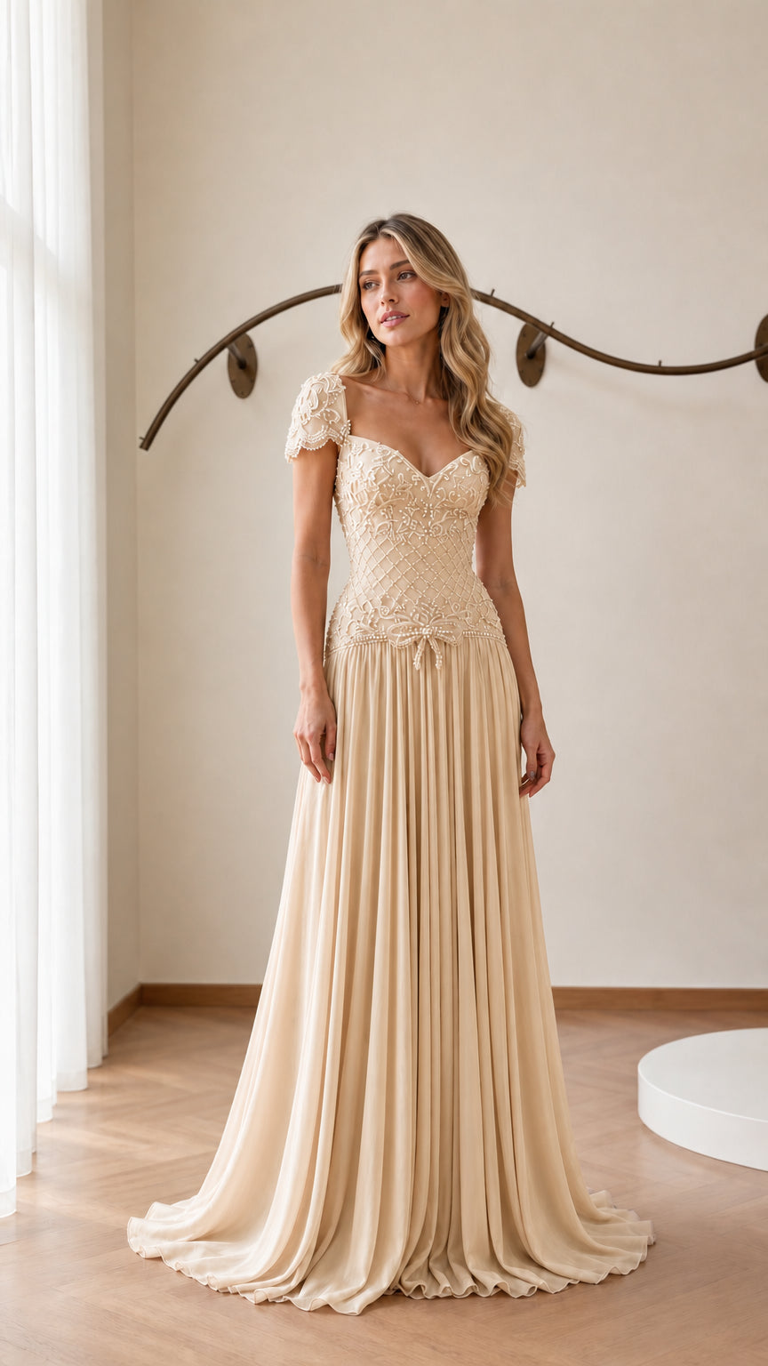 Front view of model wearing champagne evening gown