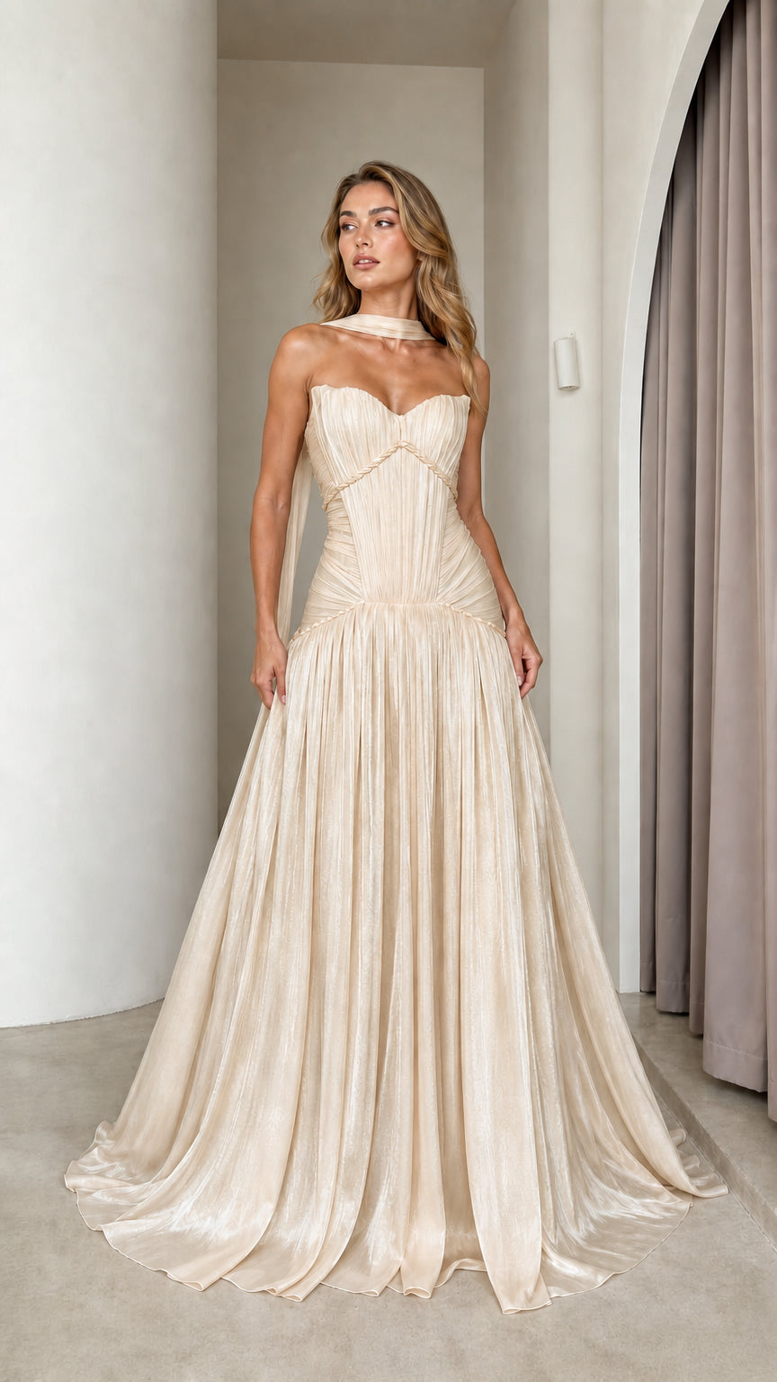 Model wearing champagne color variant