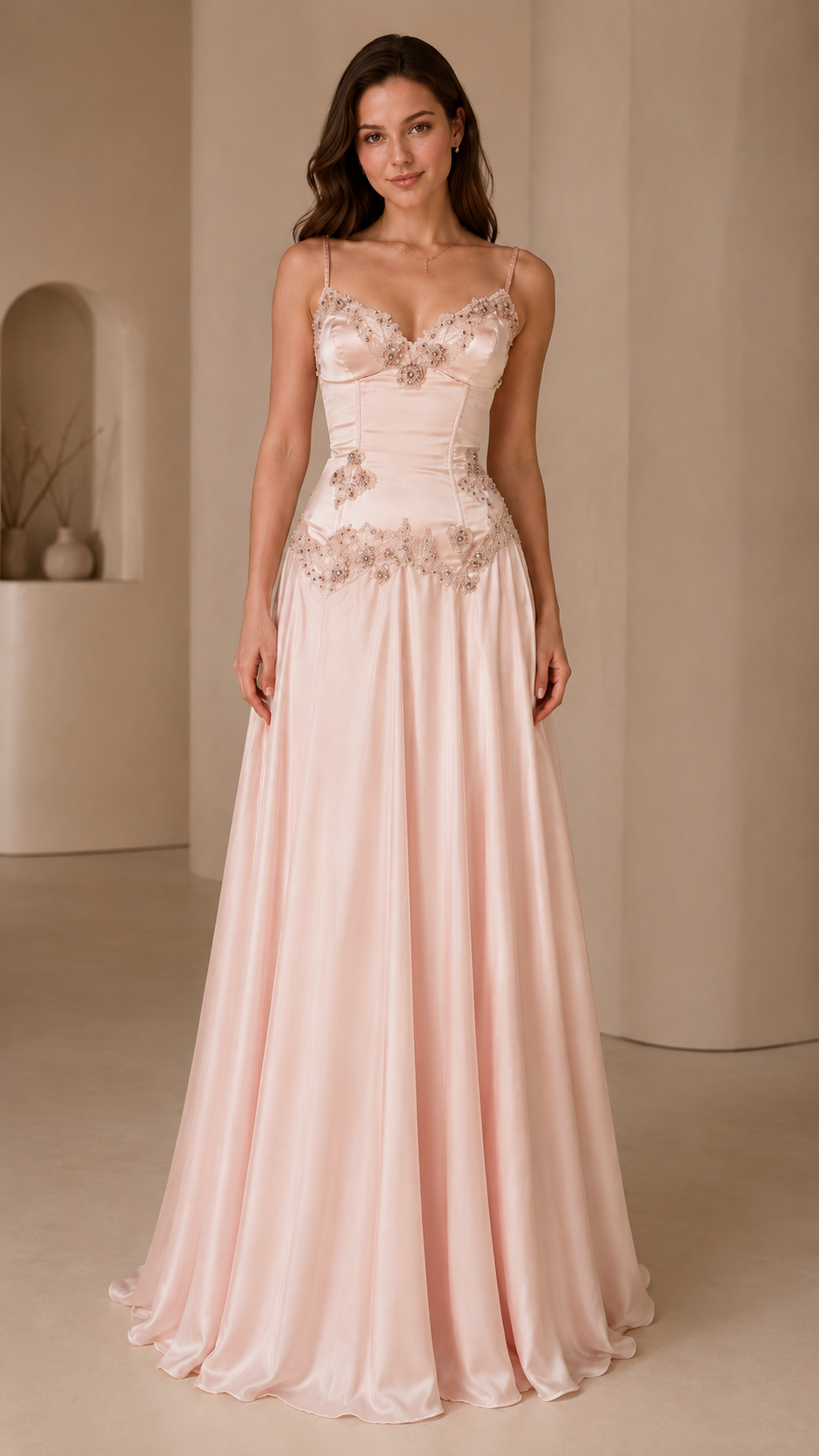 Blush pink embroidered satin-look spaghetti strap maxi evening dress full front view