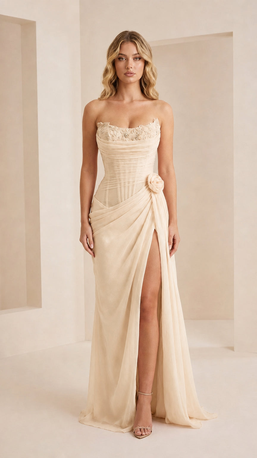 Front view of the champagne evening gown variant