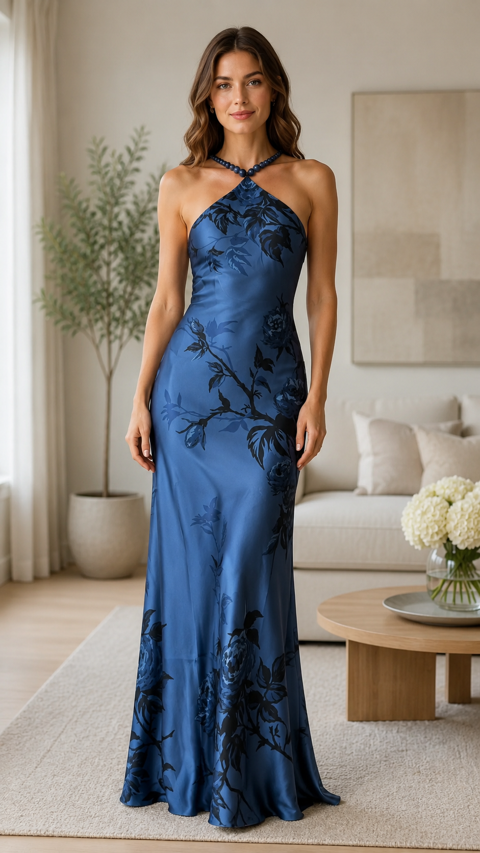 Blue floral halter maxi dress with floor-length silhouette front view