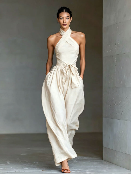 Halter Neck Linen-Blend Wide-Leg Jumpsuit