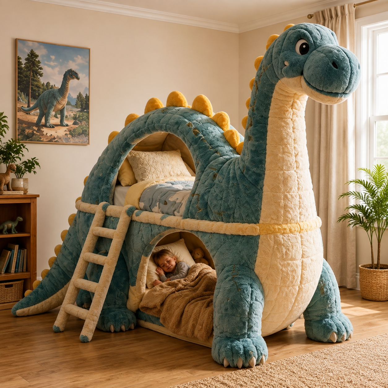 Dinosaur-Inspired Plush Double-Level Sleeping Bed