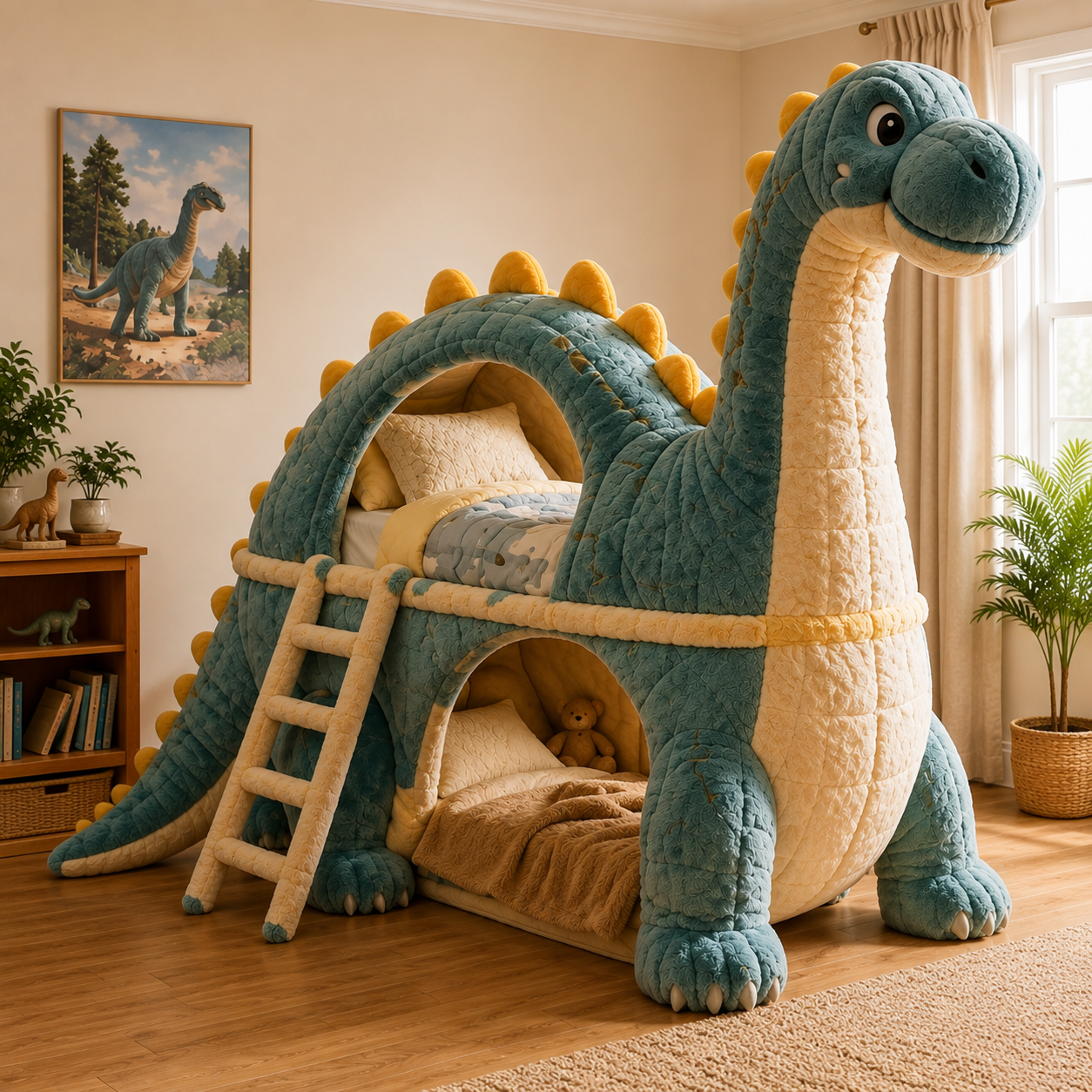 Dinosaur-Inspired Plush Double-Level Sleeping Bed
