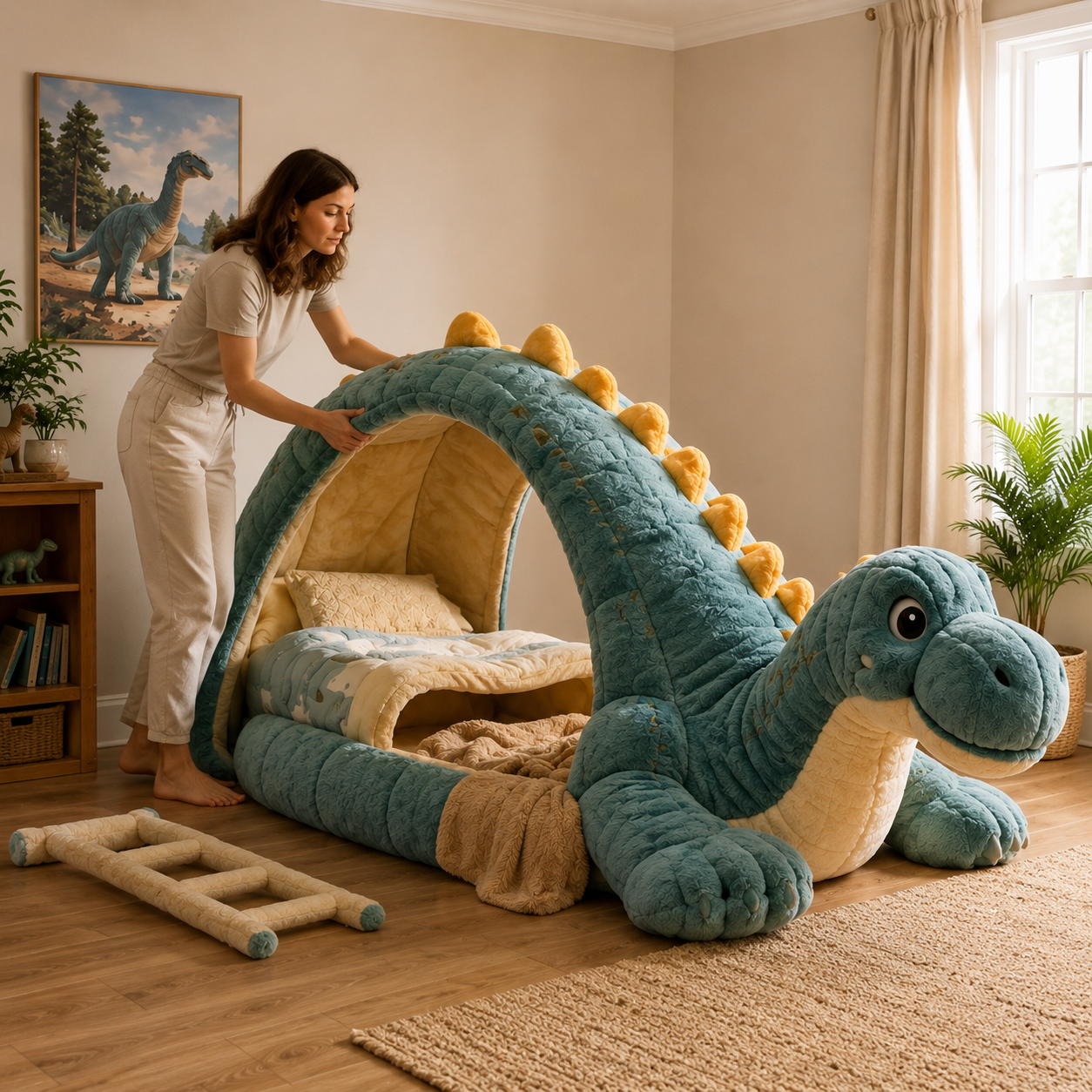 Dinosaur-Inspired Plush Double-Level Sleeping Bed