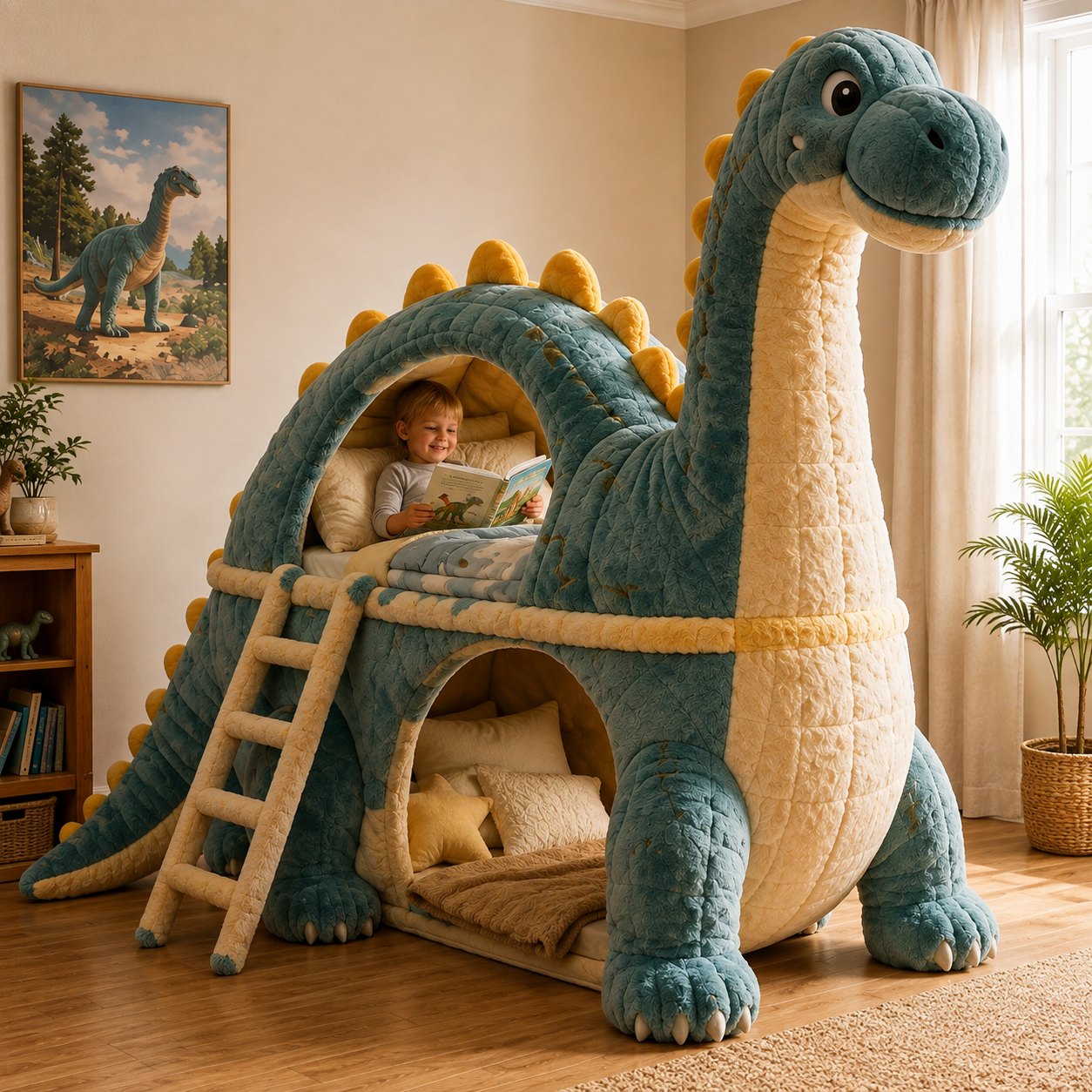 Dinosaur-Inspired Plush Double-Level Sleeping Bed