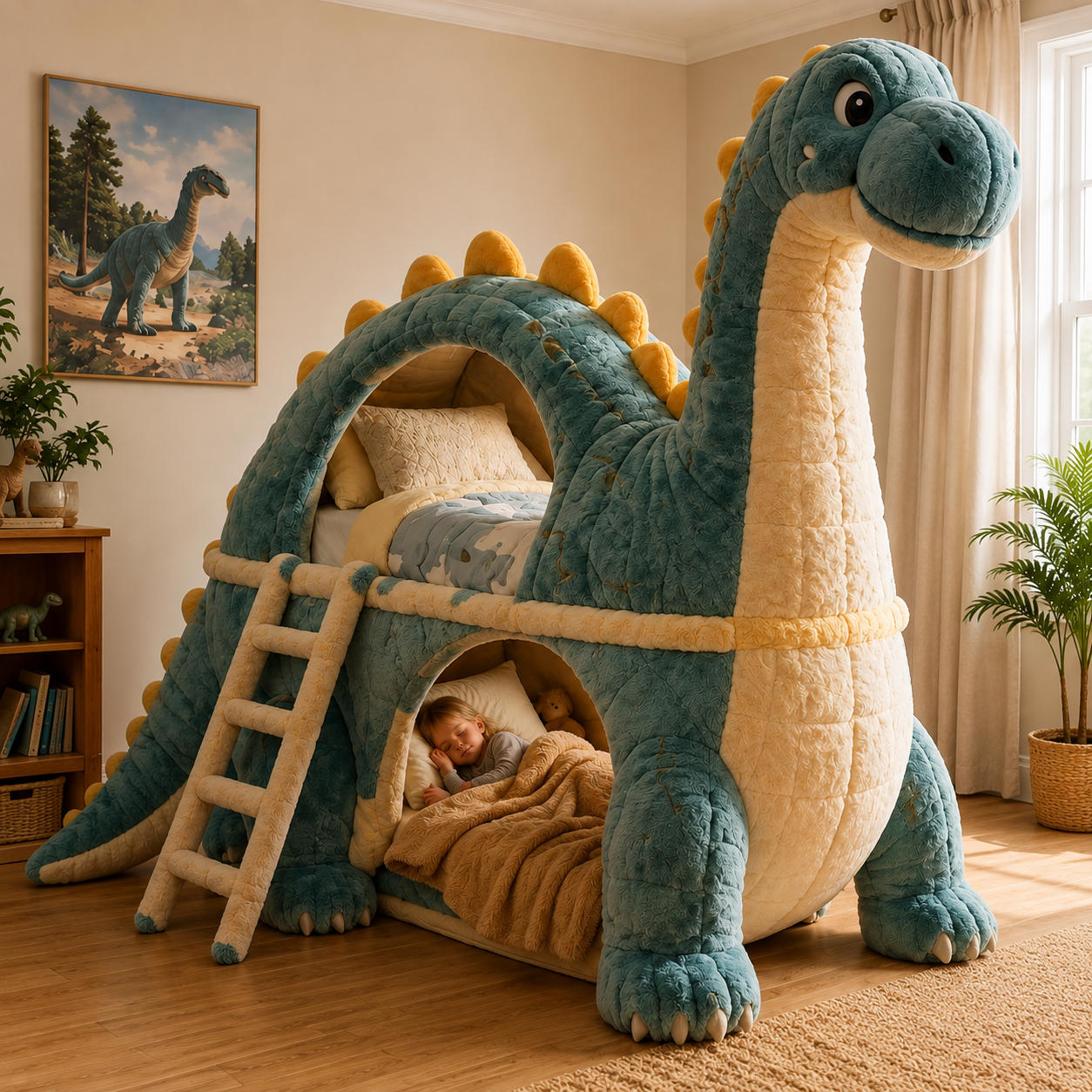 Dinosaur-Inspired Plush Double-Level Sleeping Bed