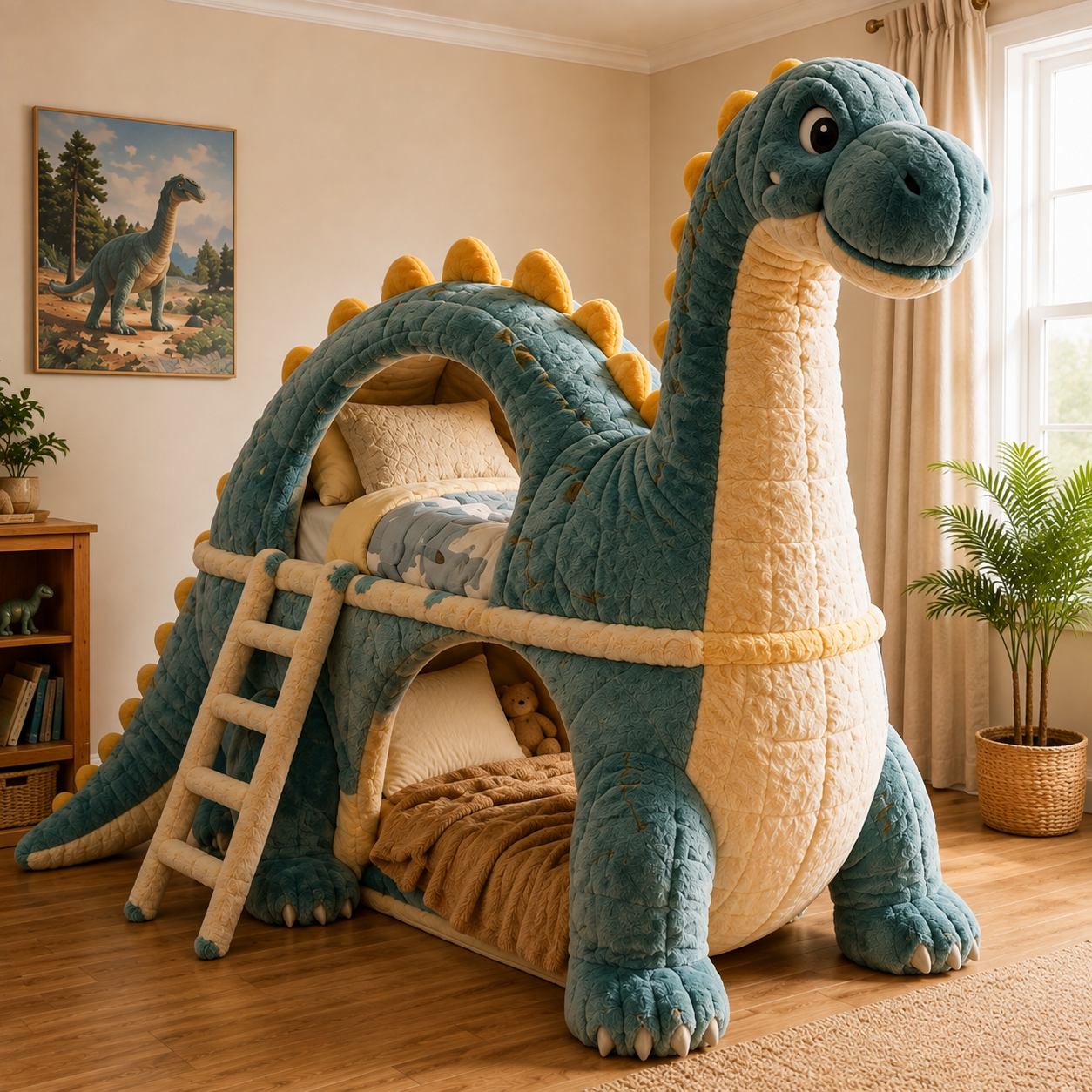 Dinosaur-Inspired Plush Double-Level Sleeping Bed