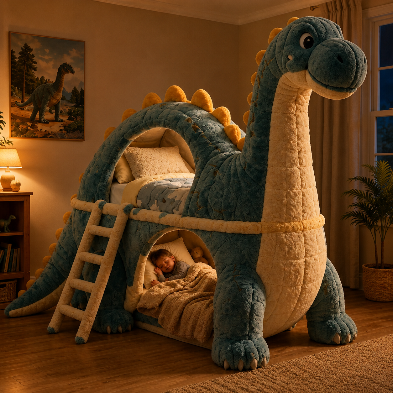 Dinosaur-Inspired Plush Double-Level Sleeping Bed