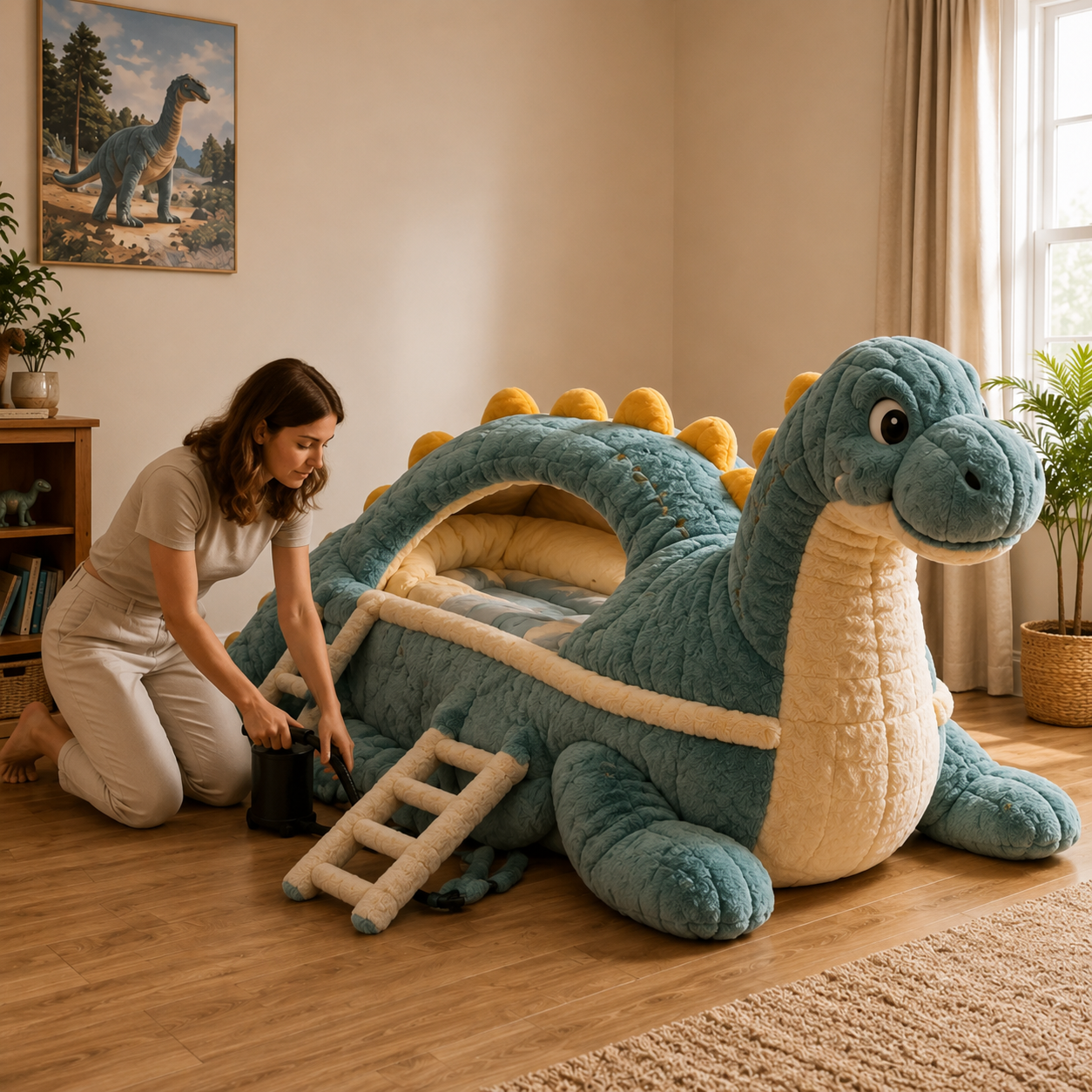 Dinosaur-Inspired Plush Double-Level Sleeping Bed