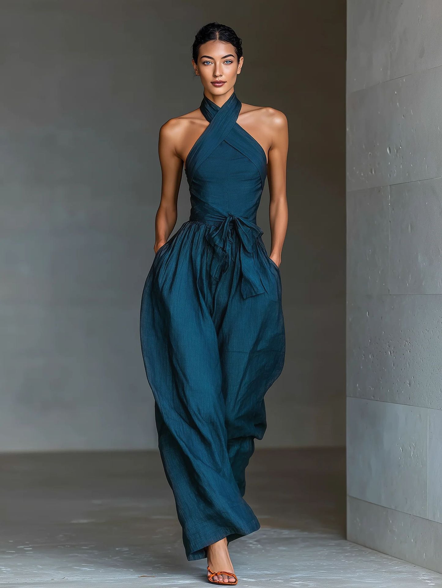 Halter Neck Linen-Blend Wide-Leg Jumpsuit