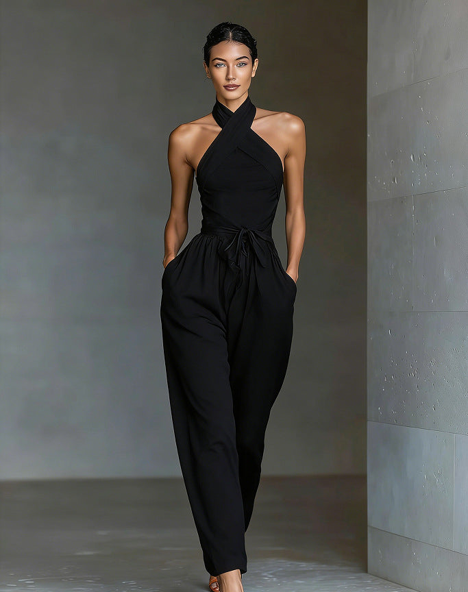 Halter Neck Linen-Blend Wide-Leg Jumpsuit