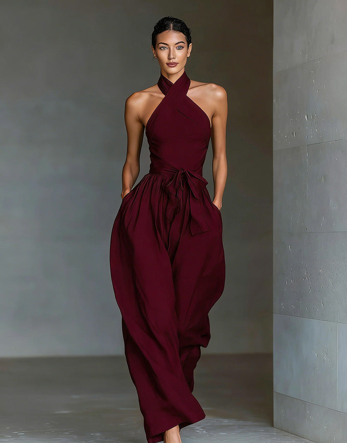 Halter Neck Linen-Blend Wide-Leg Jumpsuit